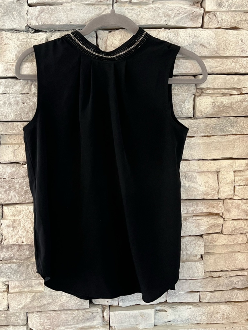 Ann Taylor Black Sleeveless Beaded Mock Neck Tank